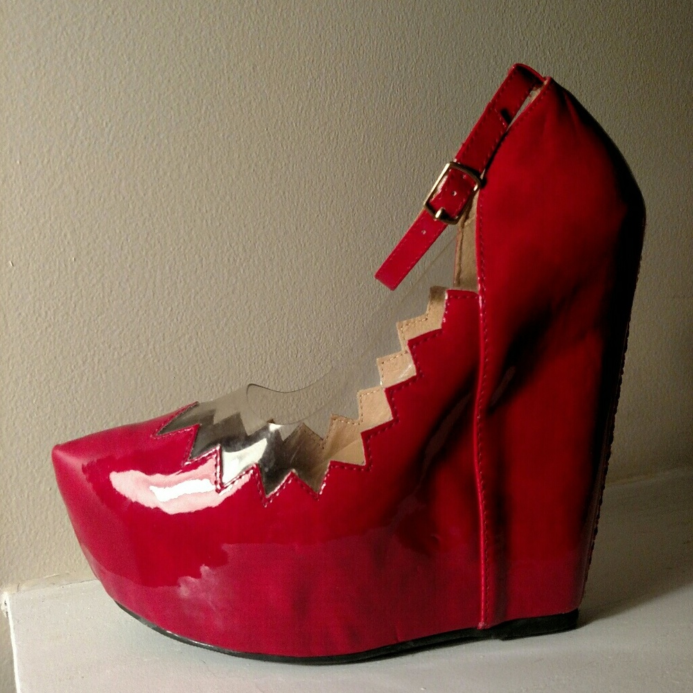 Red Patent and Lucite Platform Wedge Shoe